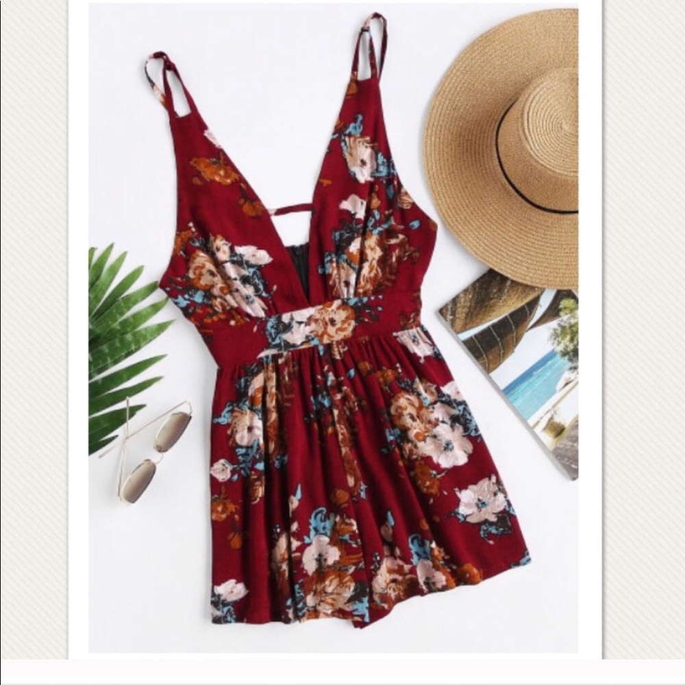 RESTOCKED Beautiful deep V wine floral romper